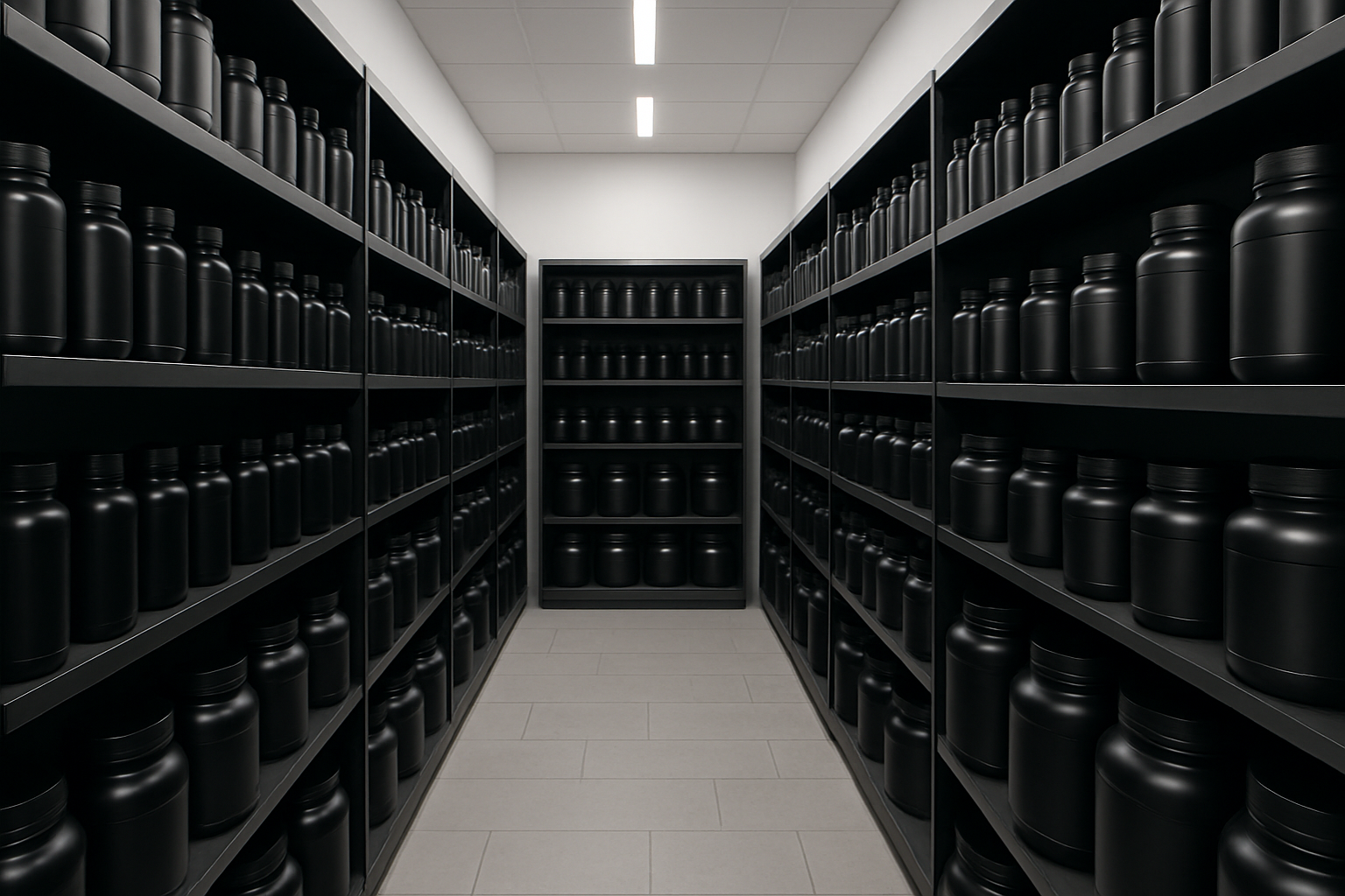 Almacen de suplementos, por un pasillo viendo de dos anaqueles uno de lado izquierdo y otro de lado derecho llenos de diferentes suplementos (envases negros, sin etiqueta, ni letras)